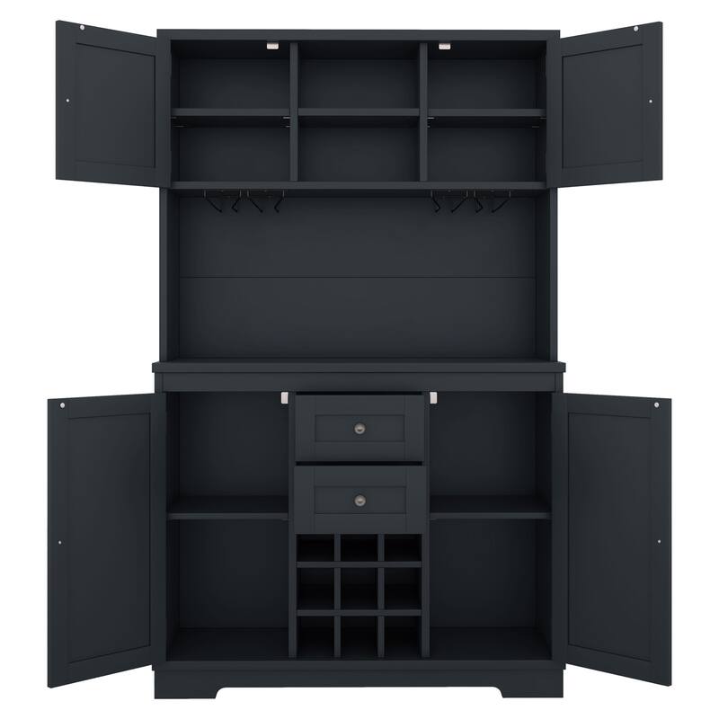 Farmhouse Coffee Bar Cabinet with Shelves and Cabinets, Wine Cabinet with Glass Racks, Sideboard Buffet Cabinet, Pantry Cabinet