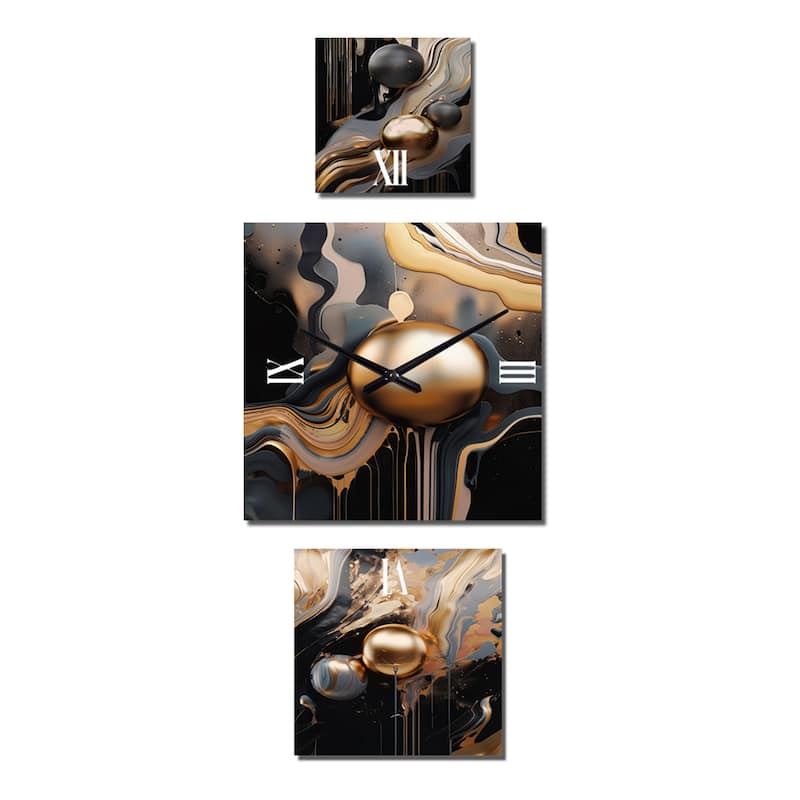 Designart "Gold And Black Marble Mirage III" Marble Large Modern Wall Clock - Oversized Gold Wall Clock - Set Of 3