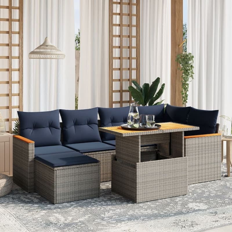 vidaXL Patio Sofa Set with Cushions Outdoor Furniture 7 Piece Poly Rattan - 24.4 x 24.4 x 27.2 - Grey