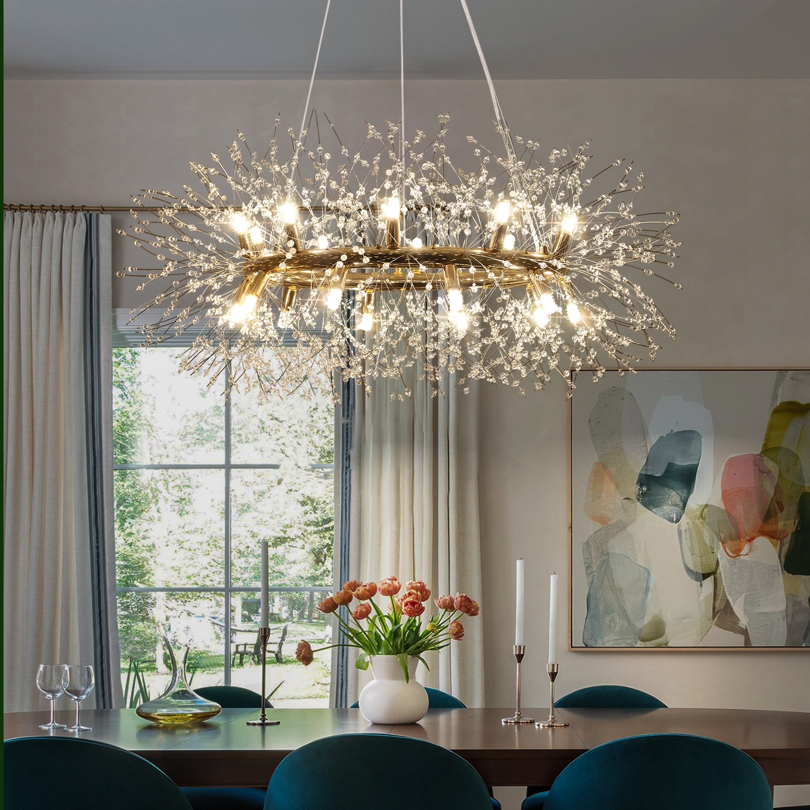 12/20 - Light Modern Glam Dandelion Crystal Chandelier Firework Wagon Wheel Pendant for Dining/Living Room(Bulbs Included)