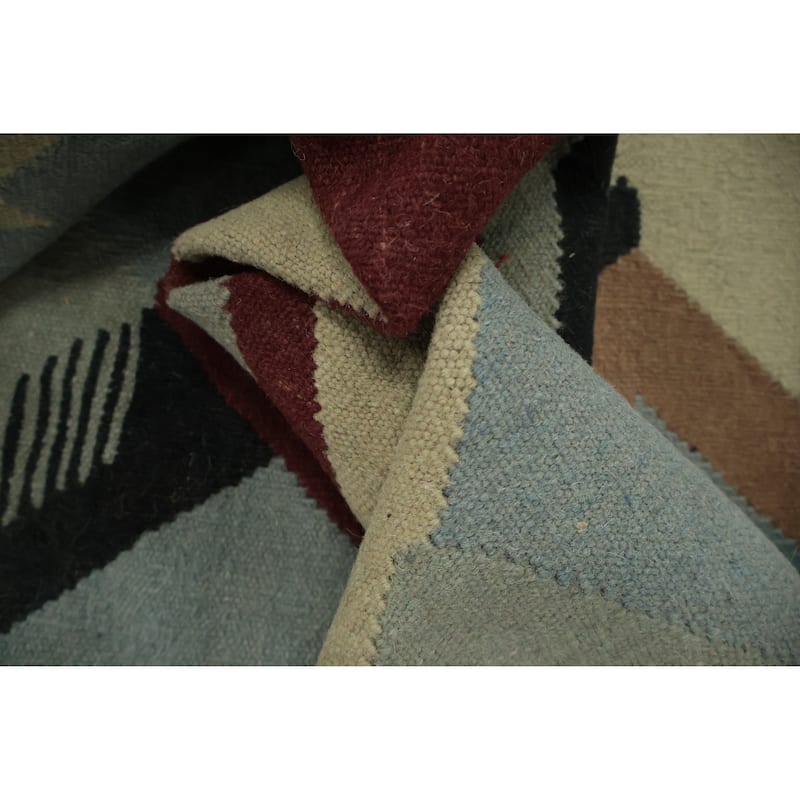 Hand Woven Oriental 100% Wool Carpet Southwestern Modern Navy Blue & Blues Kilim Area Rug - 10' 2'' X 8' 3''