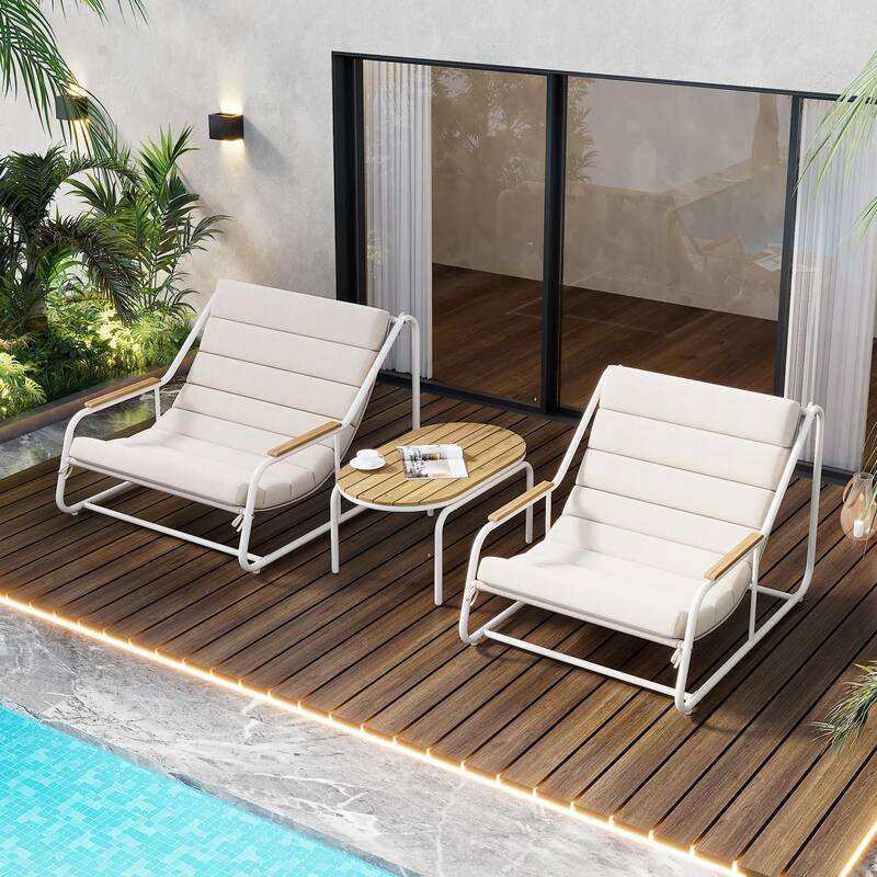 Set of 3 Patio Chaise Lounge Chair with Acacia Side Table - White+Beige