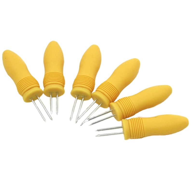 Chef Craft 3 Pair Soft Grip Handle Plastic Jumbo Corn Holders, 6 Piece Corn Cob Skewer Set - Yellow