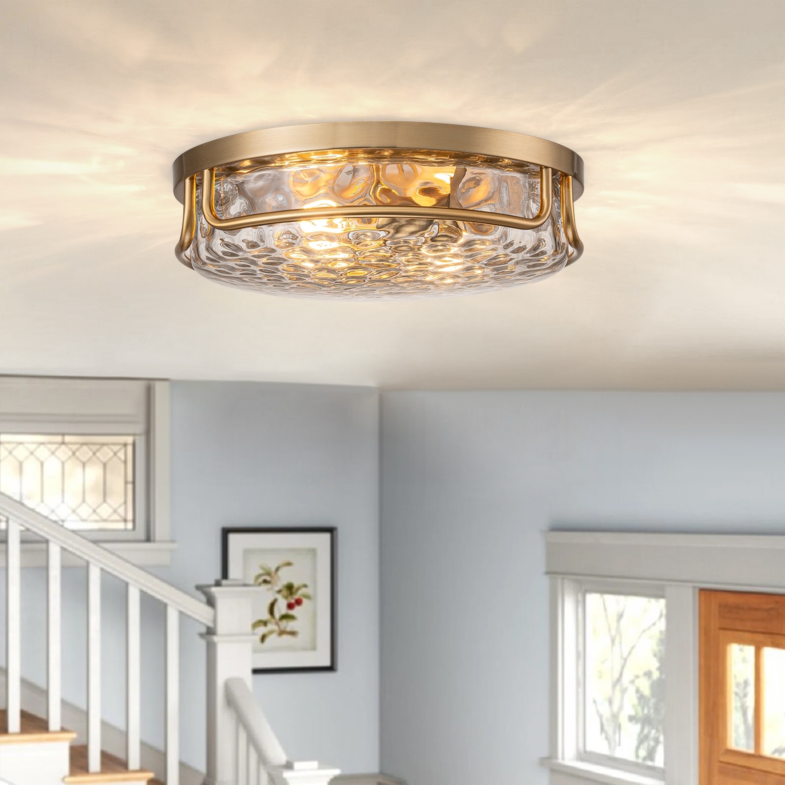 Farmhouse 2-Light Flush Mount Ceiling Light with Hammered Glass Shade