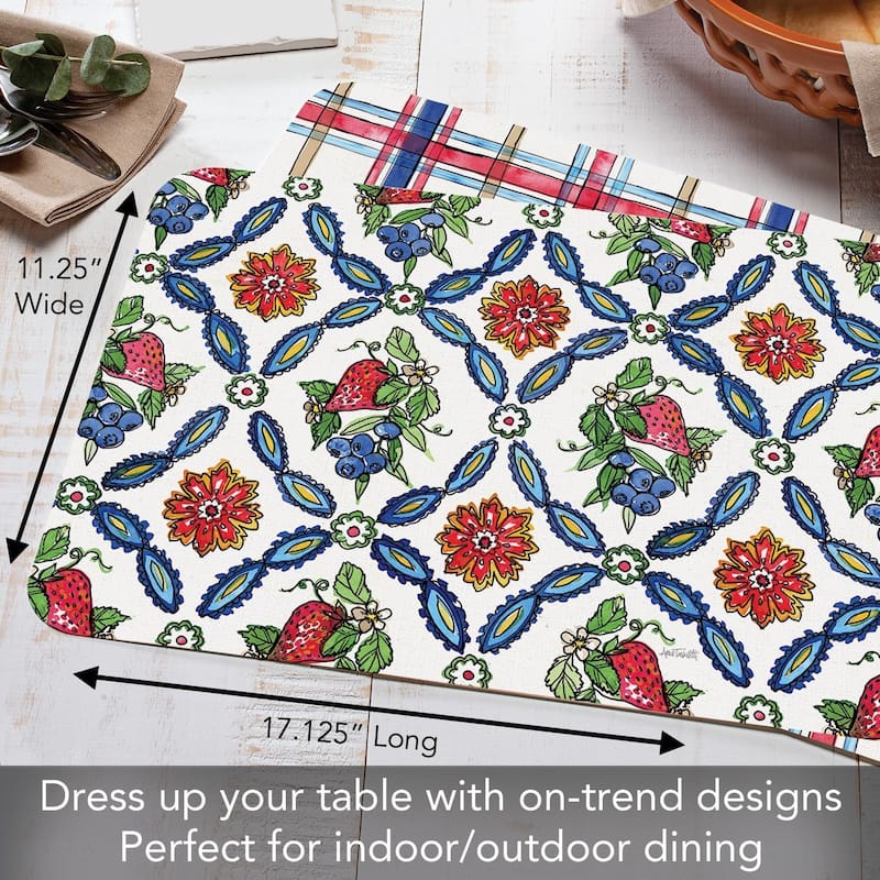 Strawberry Garden 4 Pack Reversible Easy Care Flexible Plastic Placemats Made in The USA BPA Free Easily Wipes Clean