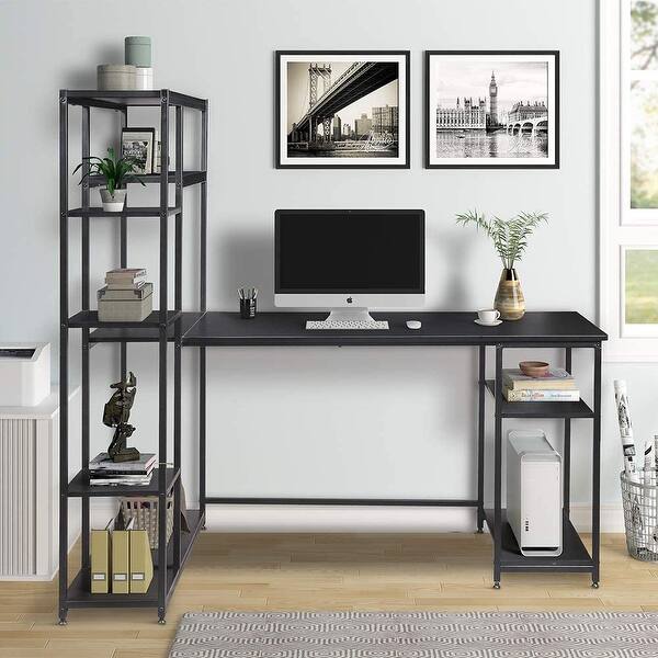 Office Computer Desk With Multiple Storage Shelves Modern Large Office Desk With Bookshelf And Storage Space Black Overstock 32696418 All of modern shelving designs are modular and built to last. overstock com