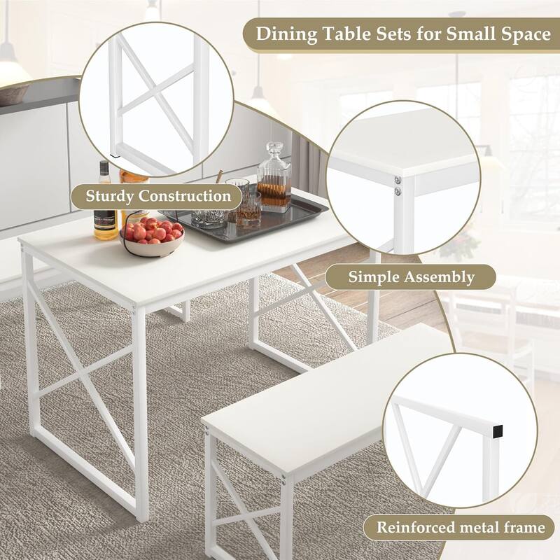 44.3" Dining Table with Benches Kitchen Table set for 4 Rectangular Dining Room Table Set with 2 Metal Wood Benches
