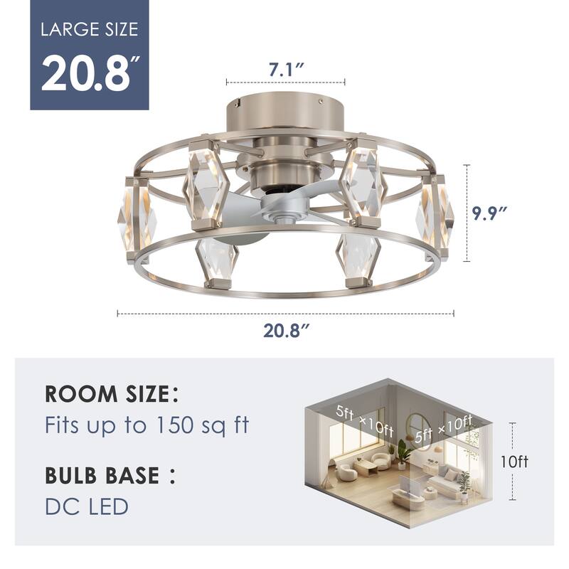 20.8" Flush Mount Crystal Ceiling Fan with Dimmable LED Light and Remote
