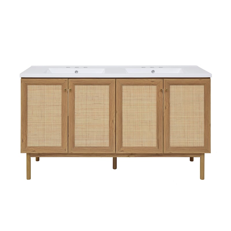 Classe 60 In. Brown Oak, Double Basin Bathroom Vanity With White, 3-Hole ArtificialStone Sink Top