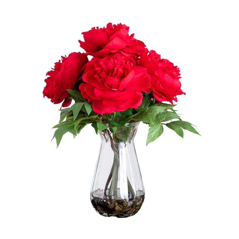 Peony Floral Artificial Arrangement with Glass Vase - 16" - Red and Green