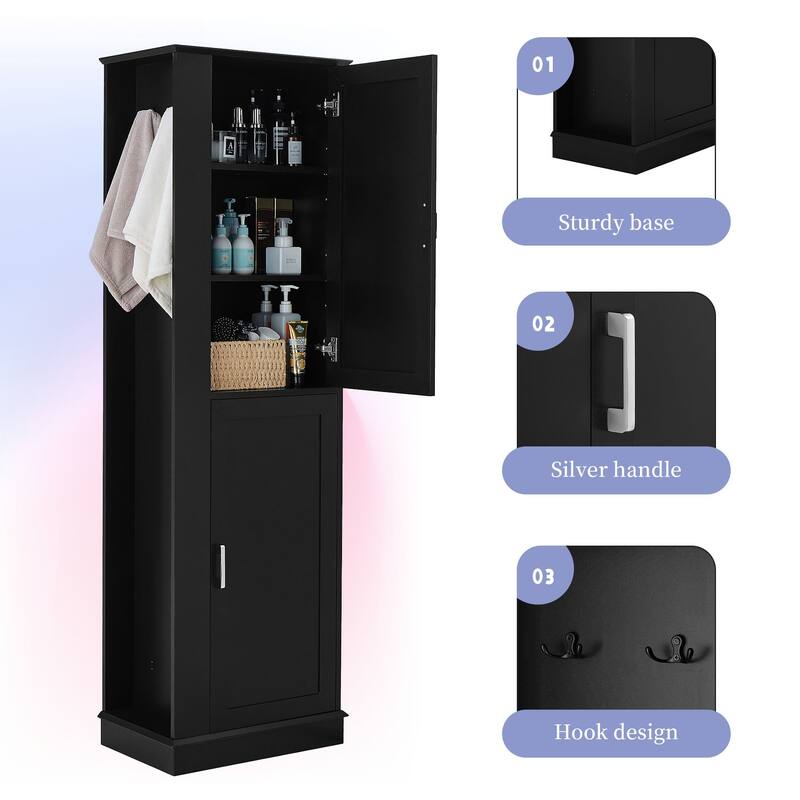 68-Inch Tall Bathroom Storage Cabinet with 2 Doors, Adjustable Shelves, Side Hooks & Anti-Tip Kit, Freestanding Organizer, Black