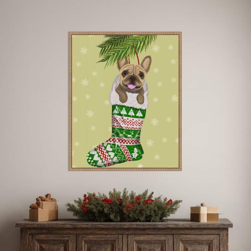 French Bulldog in Christmas Stocking by Fab Funky (23 x 28 in.), Framed Canvas Wall Art Print - Sylvie Beaded Rustic Natural