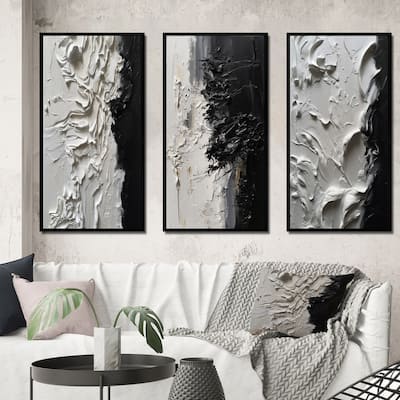 Designart "White And Black Tranquility Unleashed III" Abstract Marble Framed Wall Art Set Of 3 For Office Decor