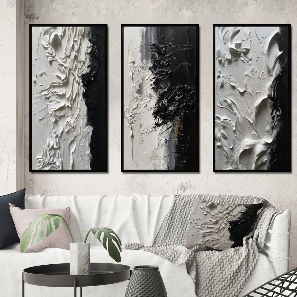 Designart "White And Black Tranquility Unleashed III" Abstract Marble Framed Wall Art Set Of 3 For Office Decor