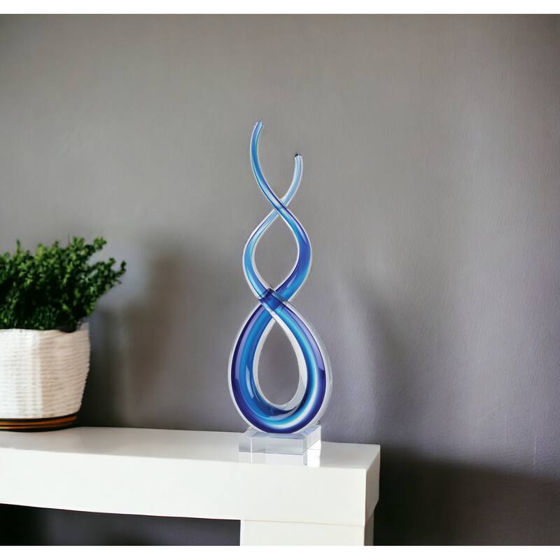 HomeRoots 14" Clear and Blue Murano Glass Modern Abstract Tabletop Sculpture