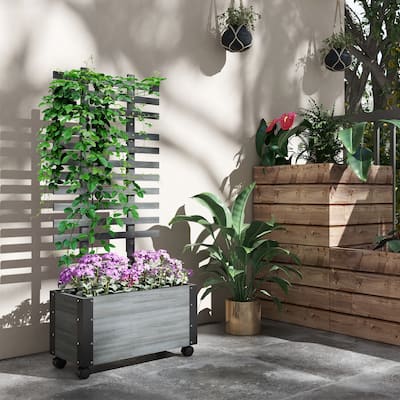 Outsunny Raised Garden Bed, Wooden Planter with Trellis and Metal Corners, Portable on Wheels, to Grow Vegetables