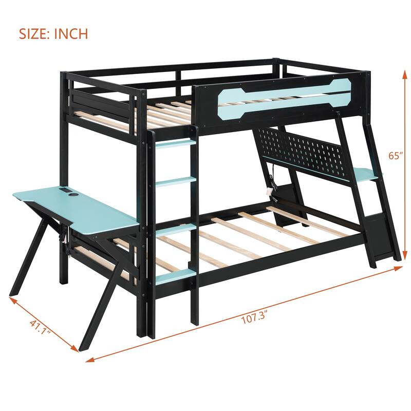 Gaming Bunk Bed Two Built-In Gaming Desks Each Side Loft Bed with USB Desktop Ports and Pegboard Organizer for Gaming Room Gamer