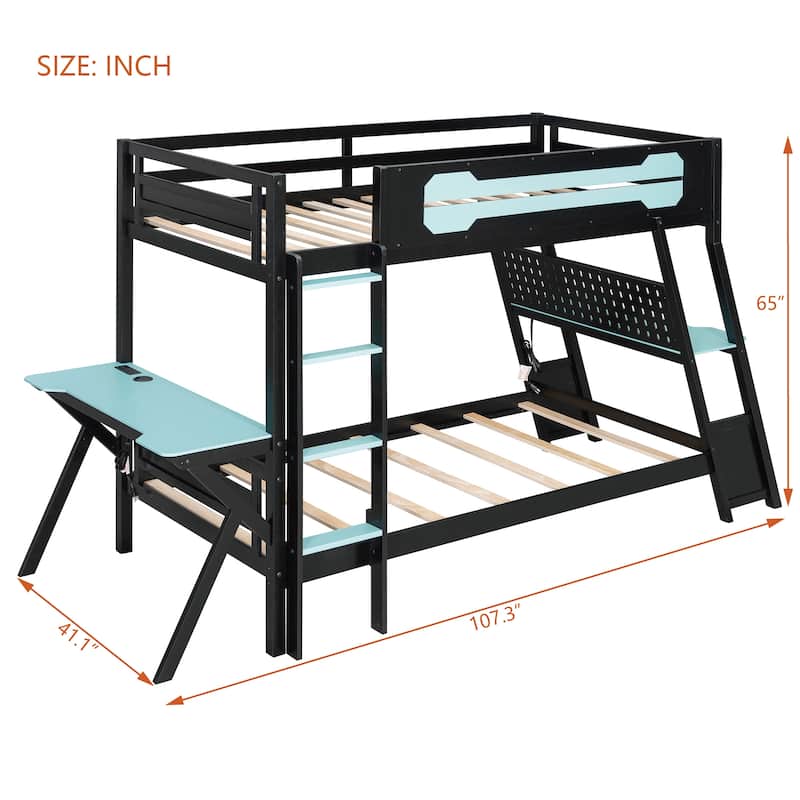 Twin Over Twin Gaming Bunk Bed with Dual Built-in Desks, USB Ports & Pegboard for Gamers