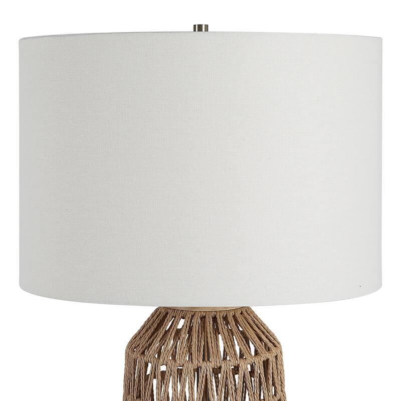 24 Inch Table Lamp, Brown Woven Rope, Linen Shade, Wood Base, Off White