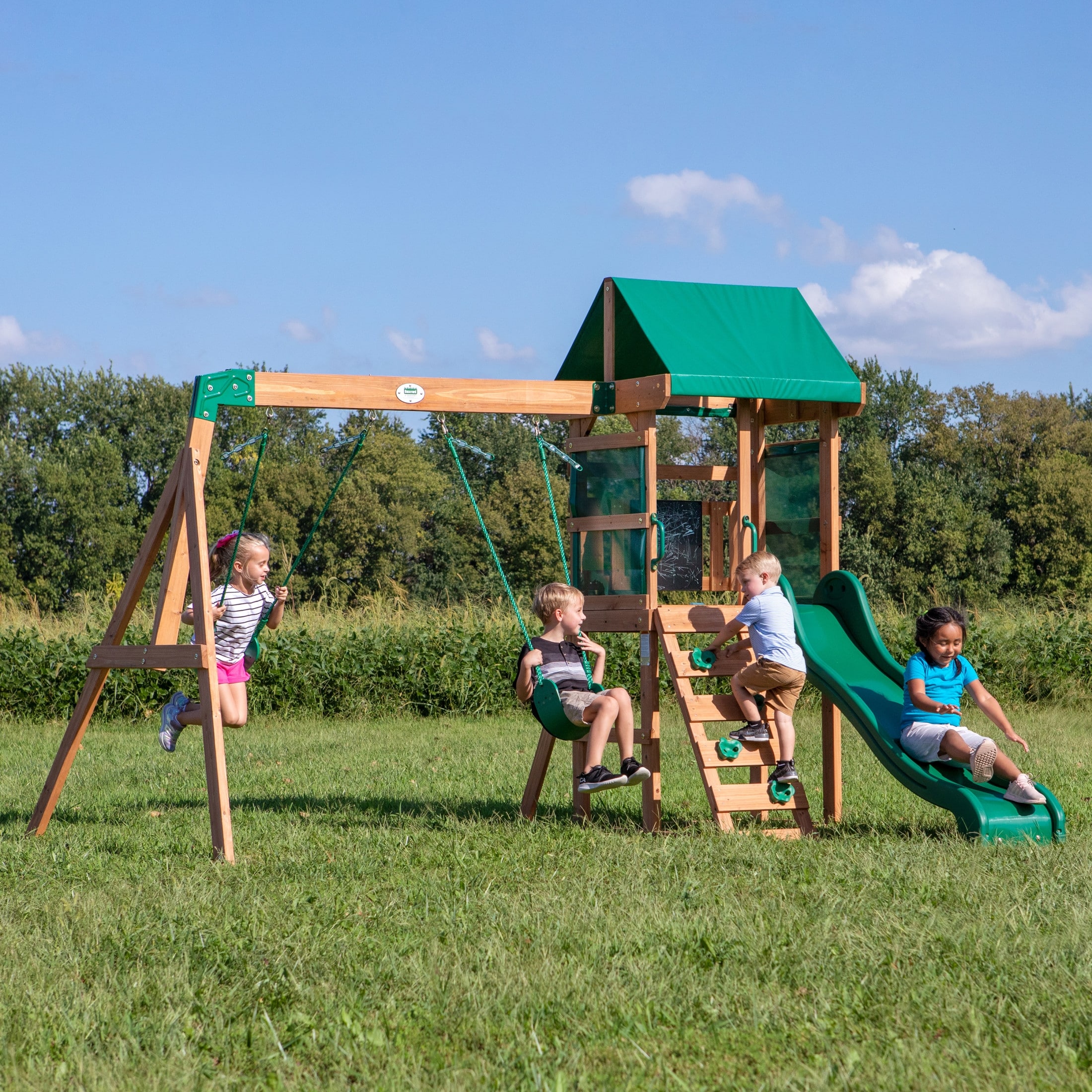 Backyard Discovery Buckley Hill Cedar Wood Swing Set, Slide, Play Deck - 10'3" x 8'11"