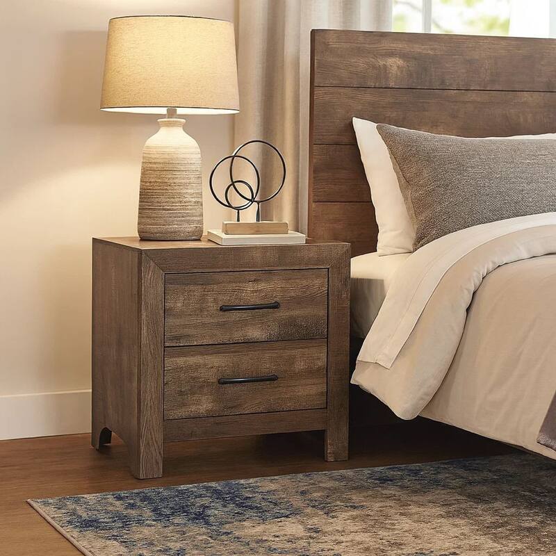 2 Drawer Rustic Wooden Nightstand with Block Legs, Brown