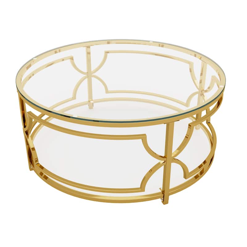 Glass Coffee Table Round Living Room Table, Luxurious Storage Table with Lower Shelf, 30.7" Center Table with Tempered Glass Top