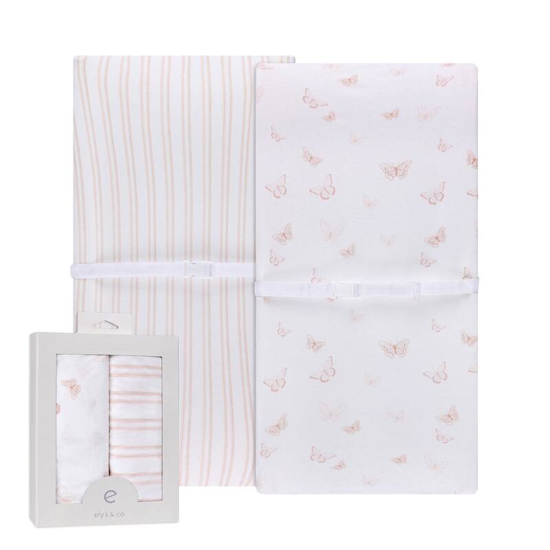 Ely's & Co. Baby Fitted Changing Pad Cover - Cradle Sheet Set - 2 Pack - 32" x 16" - Pink Butterfly & Stripe