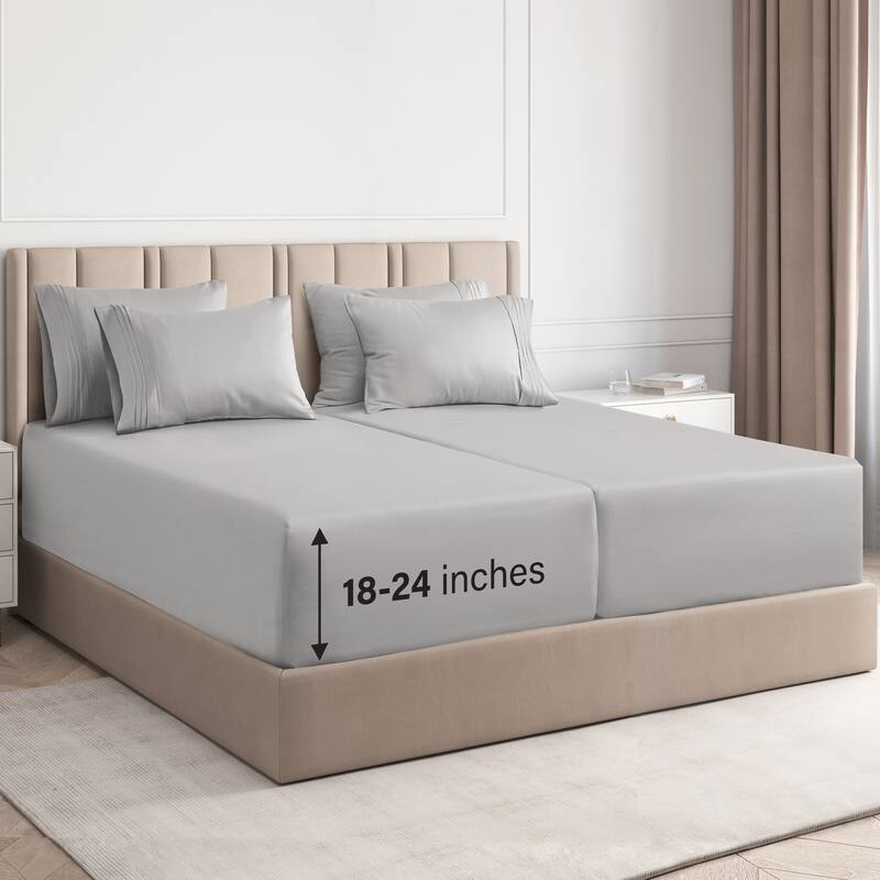 CGK Linens 6 Piece Extra Deep Pocket Microfiber Hotel Luxury Bed Sheets Set - Split King - Light Grey