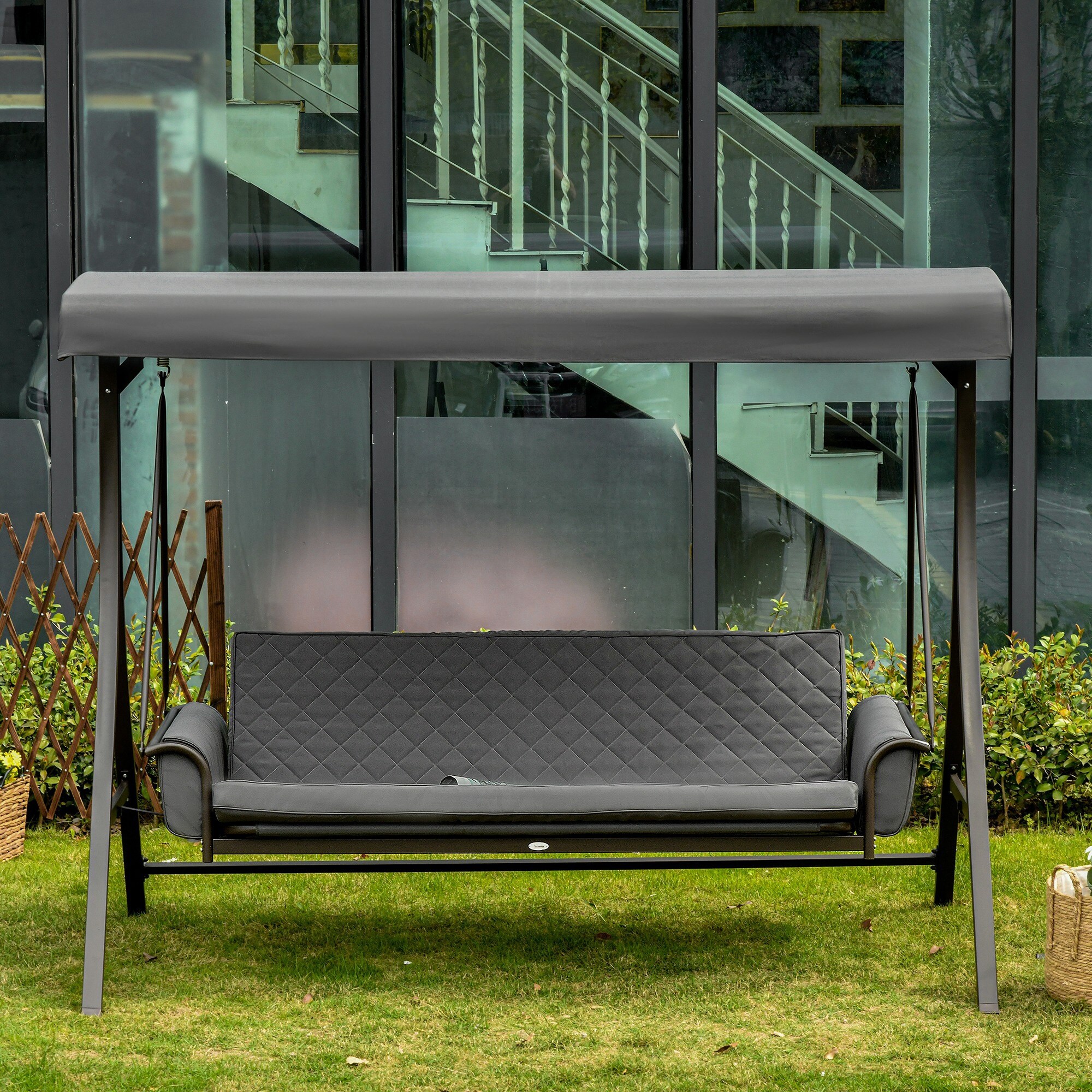 Outsunny 3 Person Patio Swing Chair Bench Hammock Outdoor with Convertible Canopy Cushion Pillows for Porch Backyard Garden On Sale Bed Bath Beyond 34047071