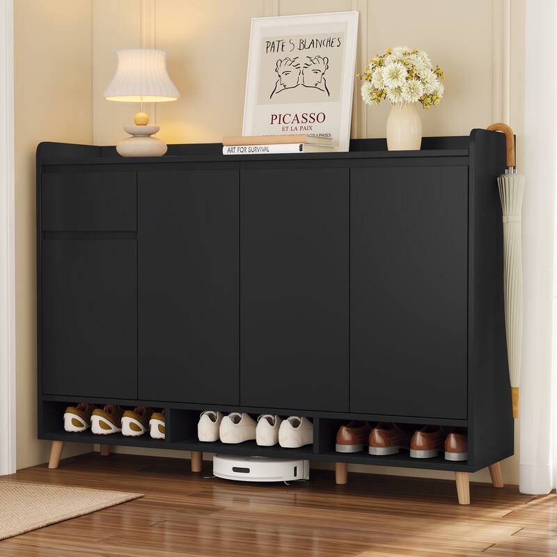 Roomfitters Shoe Cabinet, Adjustable Shelves and Solid Wood Legs, Modern Storage Sideboard for Entryway or Living Room, Black