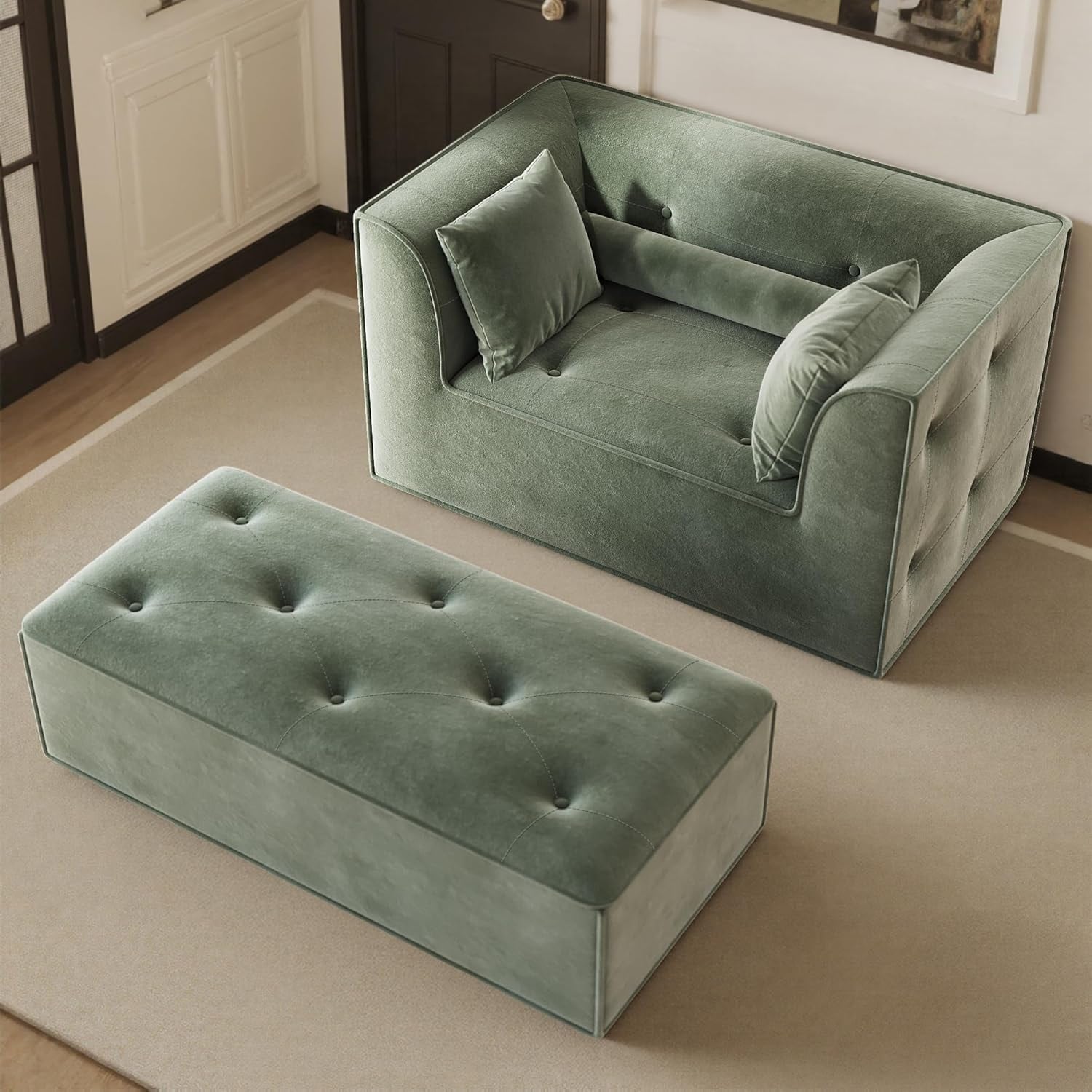 62-inch Oversized Upholstered Chaise Lounge Chair with Ottoman and Pillows, Cloud Couch for Living Room in Green