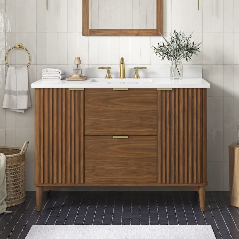 Gabi Bathroom Vanity with White Engineered Stone Top - 48" - Warm Walnut