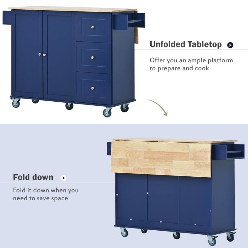 Solid Wood Top Drop Leaf Kitchen Island on Wheels, Rolling Kitchen Cart with Storage Cabinet, Drawers, Spice Rack and Towel Rack