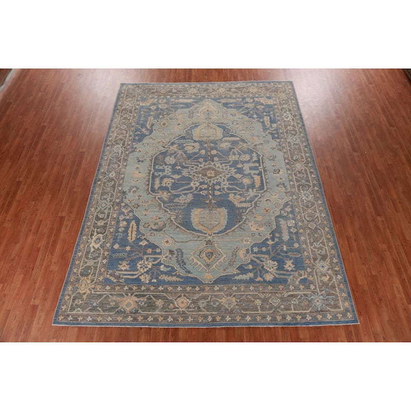 Hand Knotted Oriental 100% Wool Carpet Transitional Medallion Navy Blue & Blues Oushak Area Rug - 12' 1'' X 9' 1''