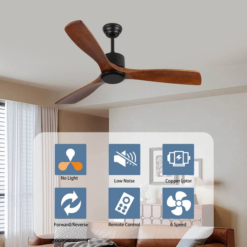 52" Wood Ceiling Fan No Light, 3 Reversible Blades, With 6 Speeds Reversible Dc Motor,Low Profile Ceiling Fan With No Light