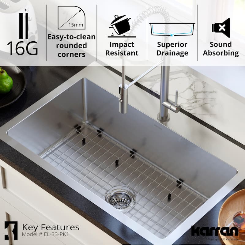 Karran 33" Top Mount Single Bowl Stainless Steel Kitchen Sink Kit