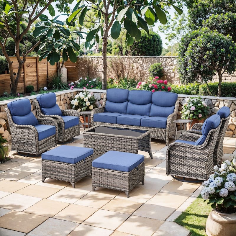 Pocassy Outdoor Patio Furniture Sofa Swivel Chairs Sets - Grey Wicker Blue Cushion - Sofa Swivel Chair with Ottoman Set of 10
