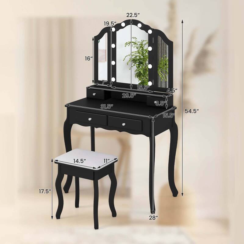 Modern Vanity Desk＆Cushioned Stool Dressing Table Set w/ Mirror