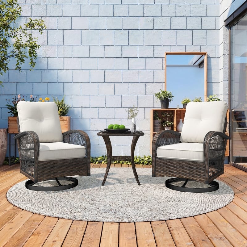Outdoor Swivel Rocker Bistro Set - 3 Piece Wicker Patio Set with Swivel Rocking Chairs, Cushions, and Tempered Glass Side Table - Off White
