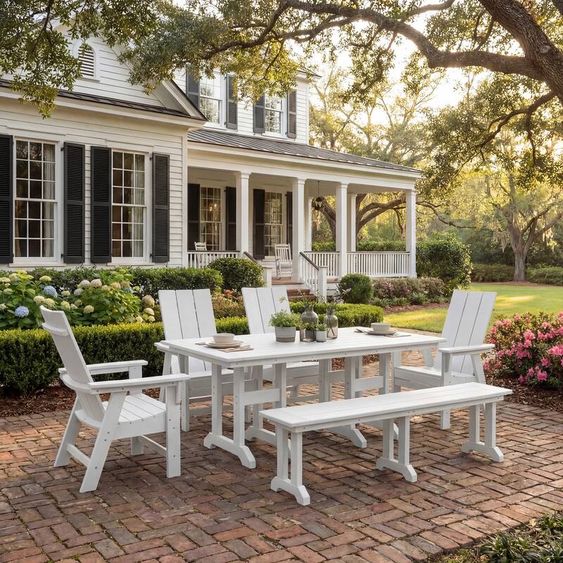 Shoreside 6-Piece Rectangular Poly Eco-Friendly All Weather Outdoor Dining Set with Bench - White