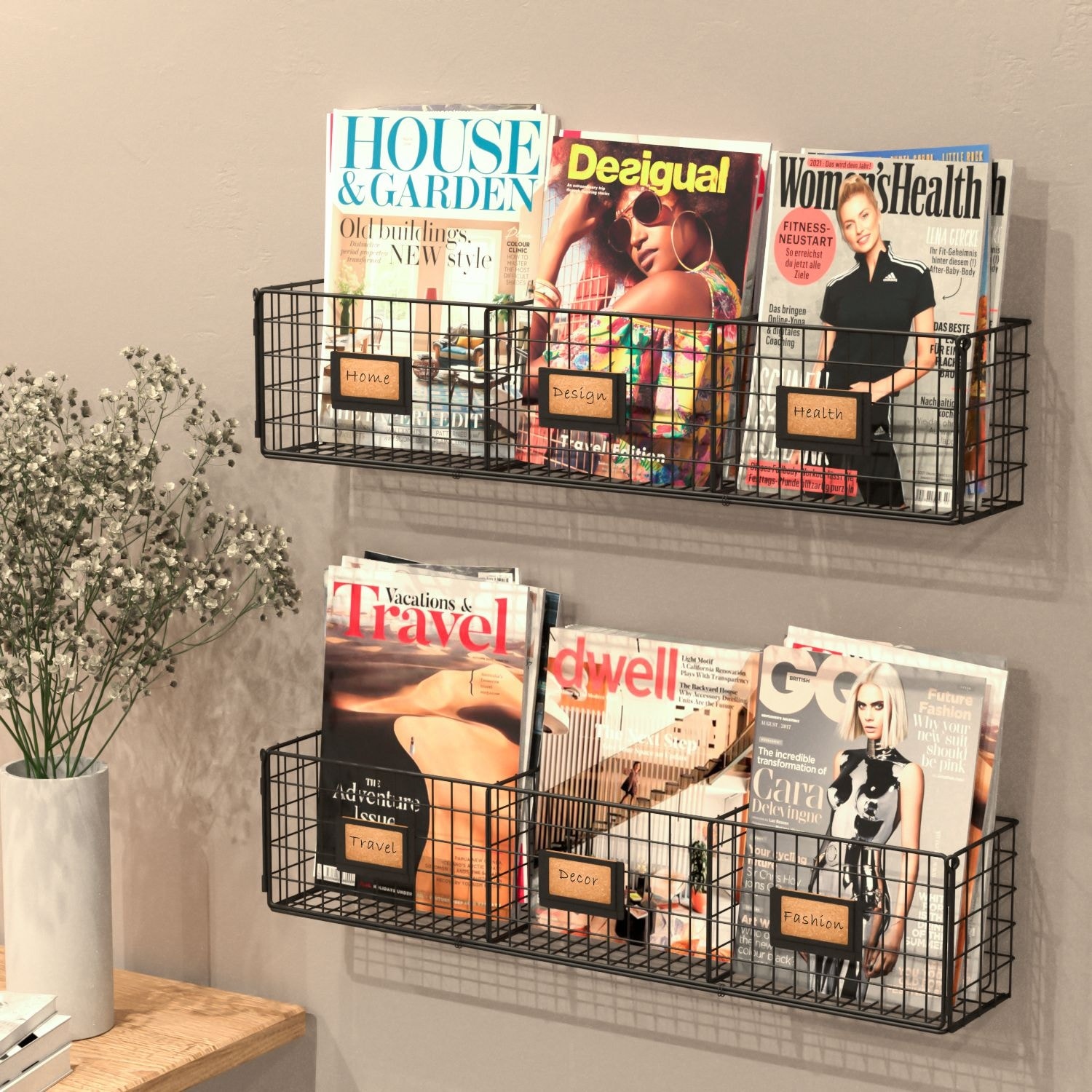 Metal Wall Basket, 3 Sectional Wall Organizer Rack, Set of 2, Black