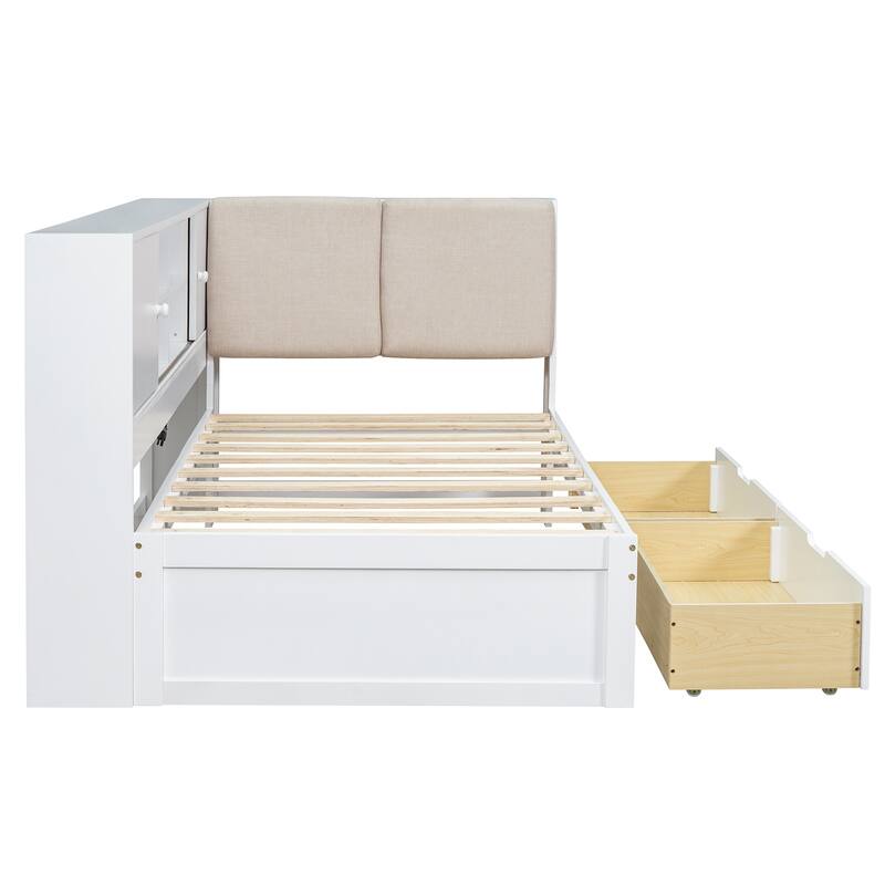 L-shaped Daybed Wooden Corner Sofa Bed Frame with Sliding Doors Bookcase Captains Bed, Upholstered Headboard Built-in Storage