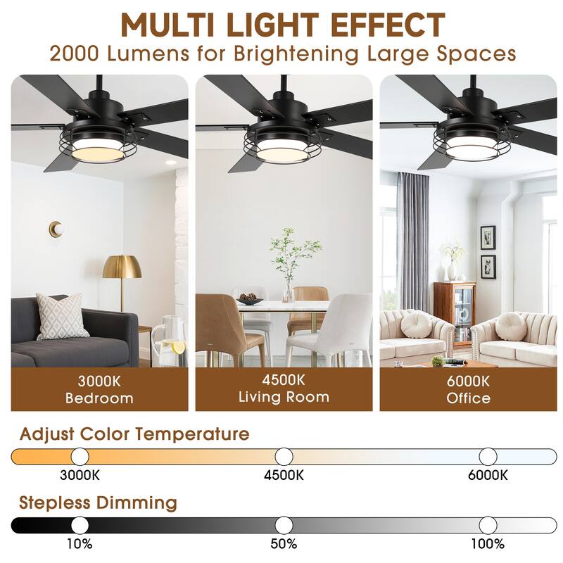 52 in. Integrated LED Matte Black Dimmable Ceiling Fan with Light and Remote - 52" D x 52" W x 15.2" H