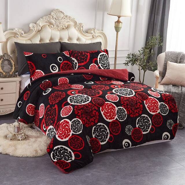 3-Piece Floral Printed Sherpa-Backing Reversible Comforter Set - Red Black Circle - King