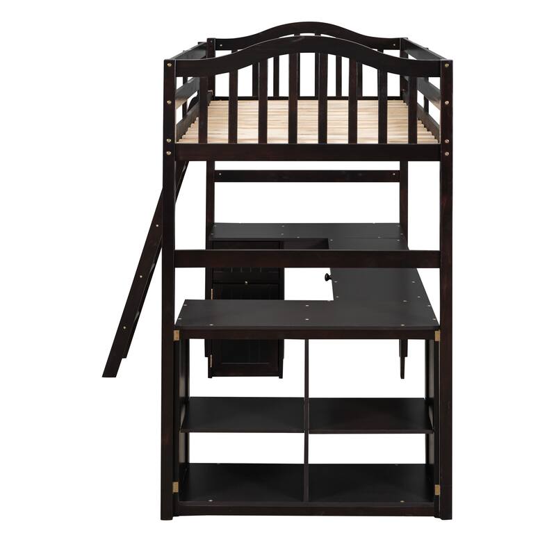 Twin Size Wooden Loft Bed with Desk, 2 Drawers, Cabinet, 4 Shelves, Full-Length Guardrail