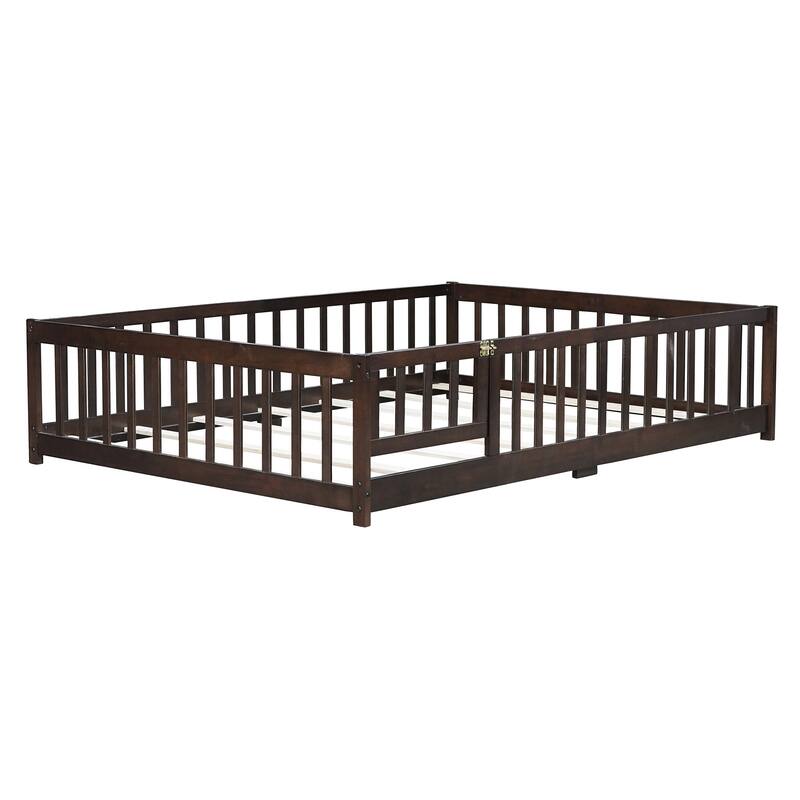 Full Size Floor Bed With Fence And Door,Rubber Wood Floor Bed With Safety Guardrails