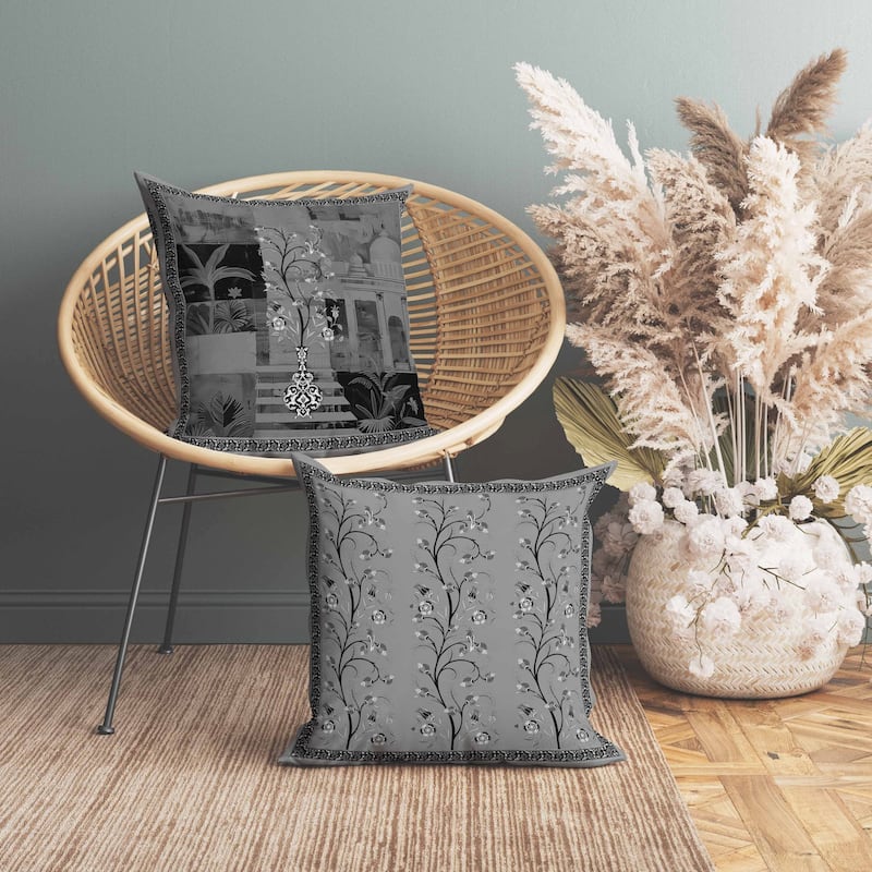 Shahi Garden Bloom Faux Suede Reversible Throw Pillow Gray and Black