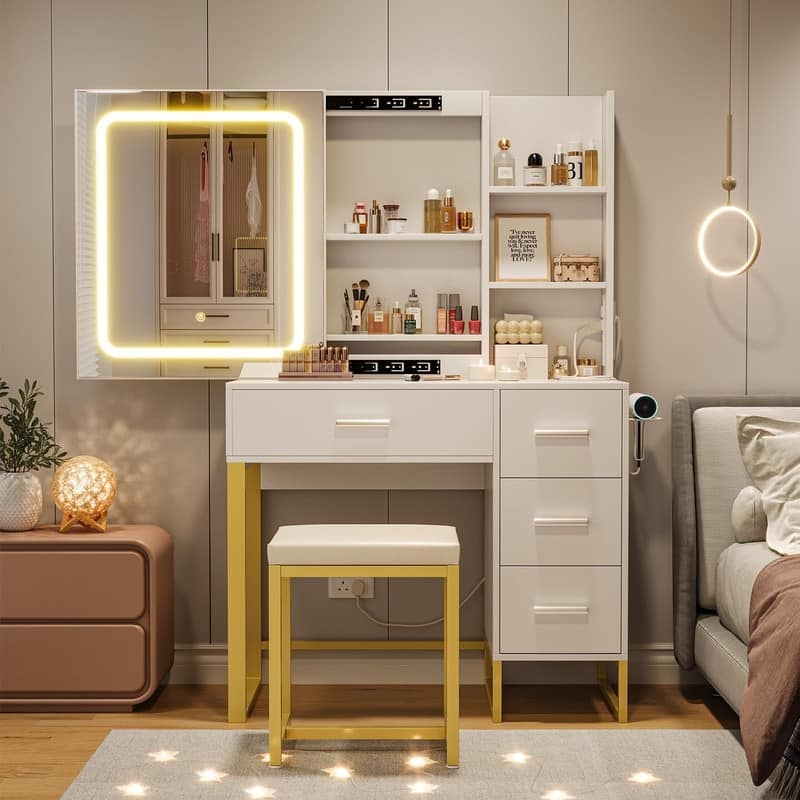 Makeup Vanity with Sliding LED Mirror, Charging Station, Drawers, Shelves & Stool