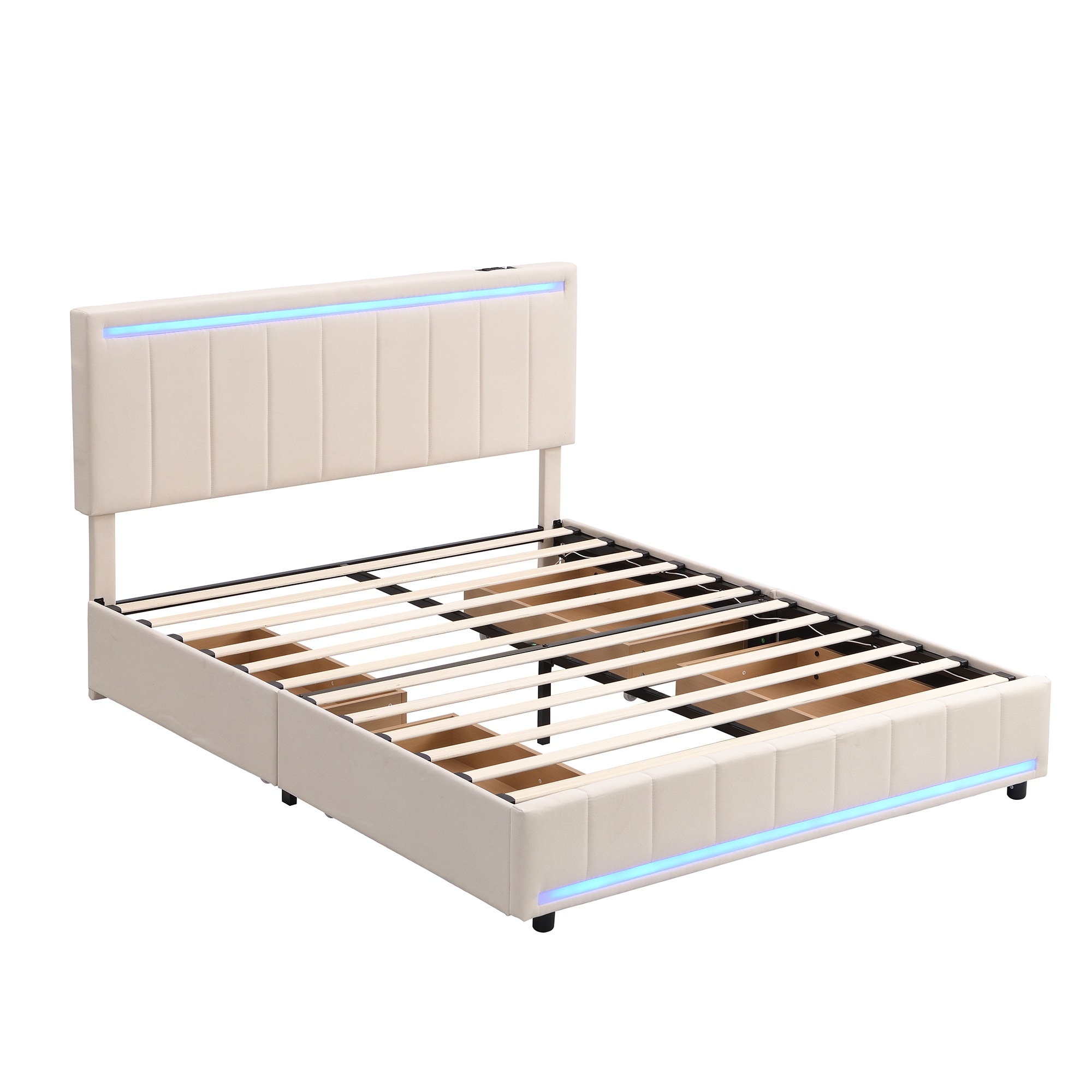 Upholstered Platform Bed with LED Light and 4 Drawers,a set of Sockets and USB Ports