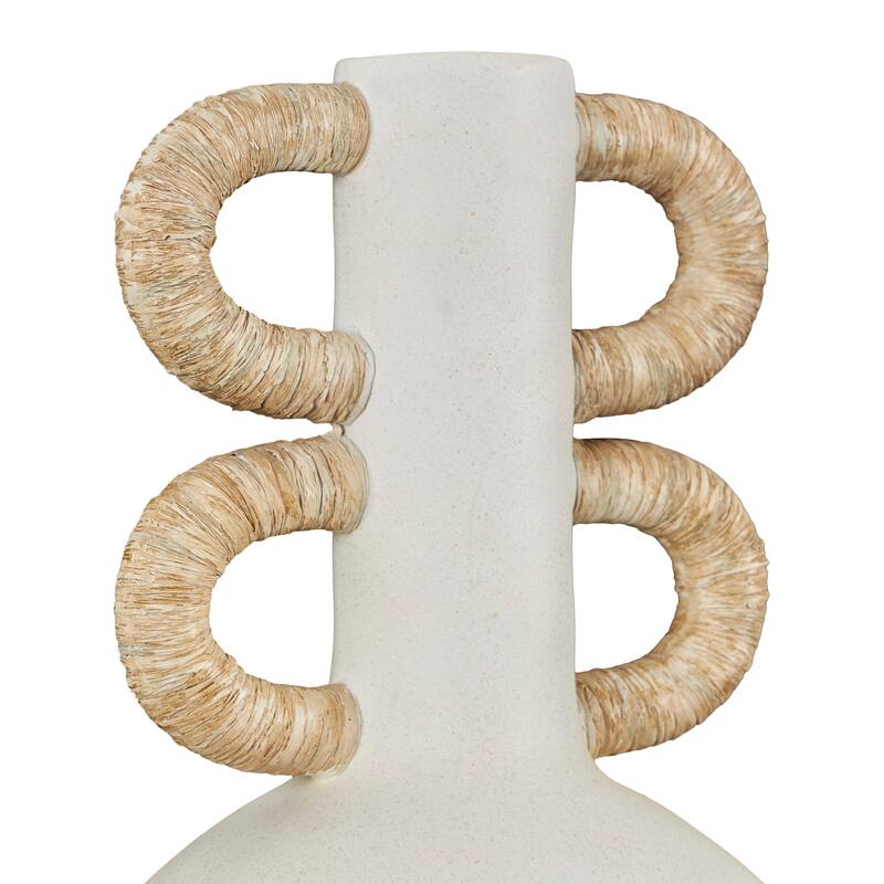 Cream Resin Round Speckled Vase with Woven Inspired Arched Handles and Cutout Opening